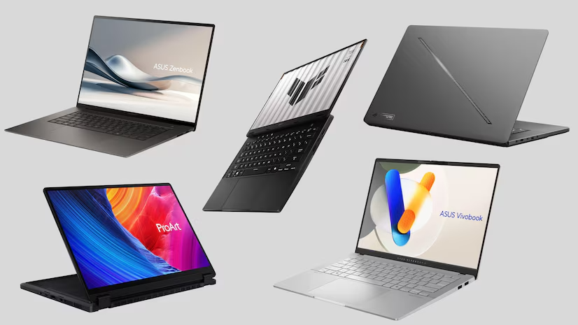 Varias laptops flotando con imagen gris de fondo